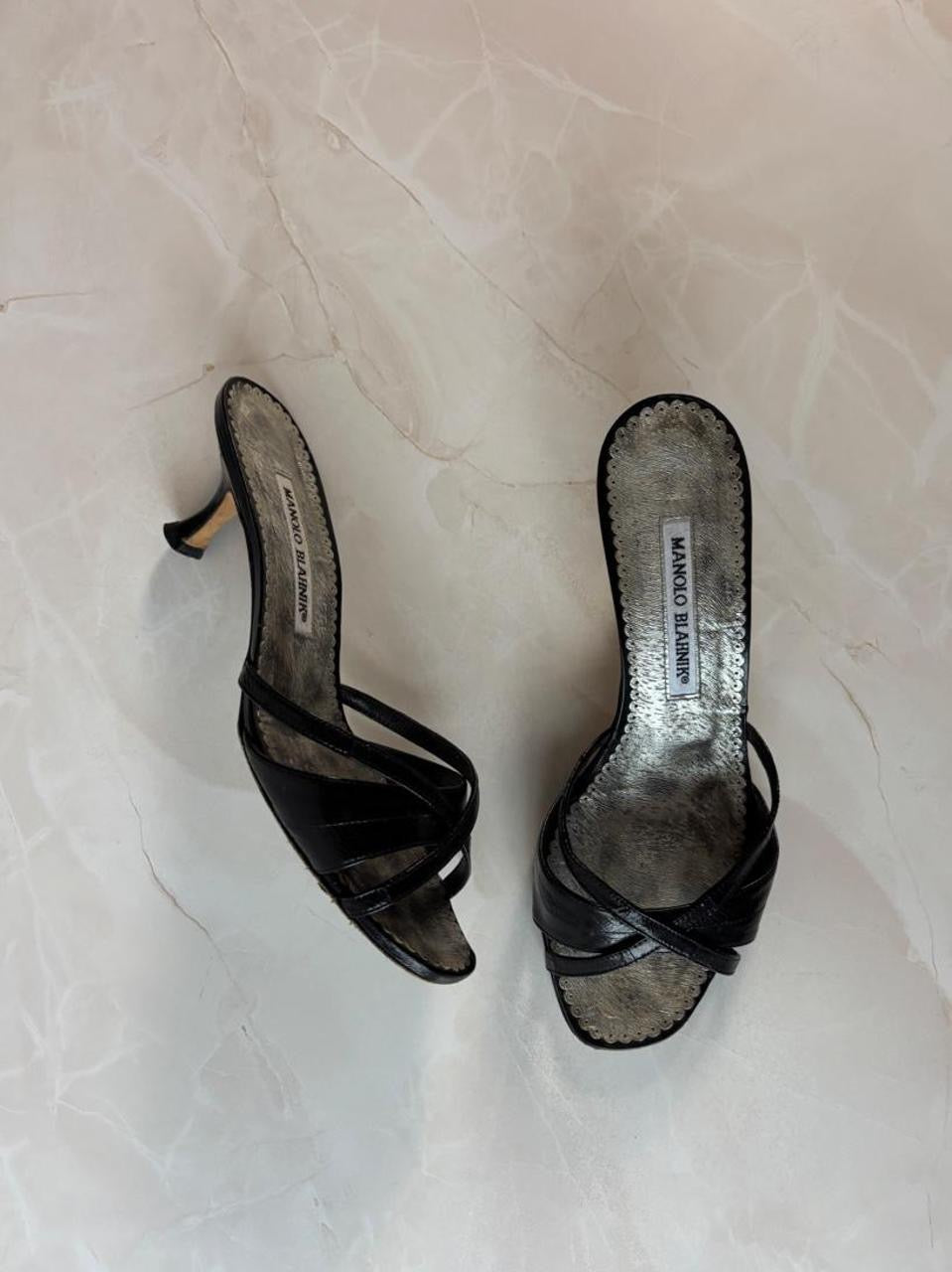 Manolo Blahnik EU 37.5 Black Leather Crossover Strap Open Toe Kitten Heel Mule