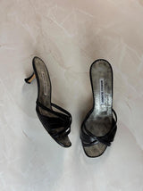 Manolo Blahnik EU 37.5 Black Leather Crossover Strap Open Toe Kitten Heel Mule