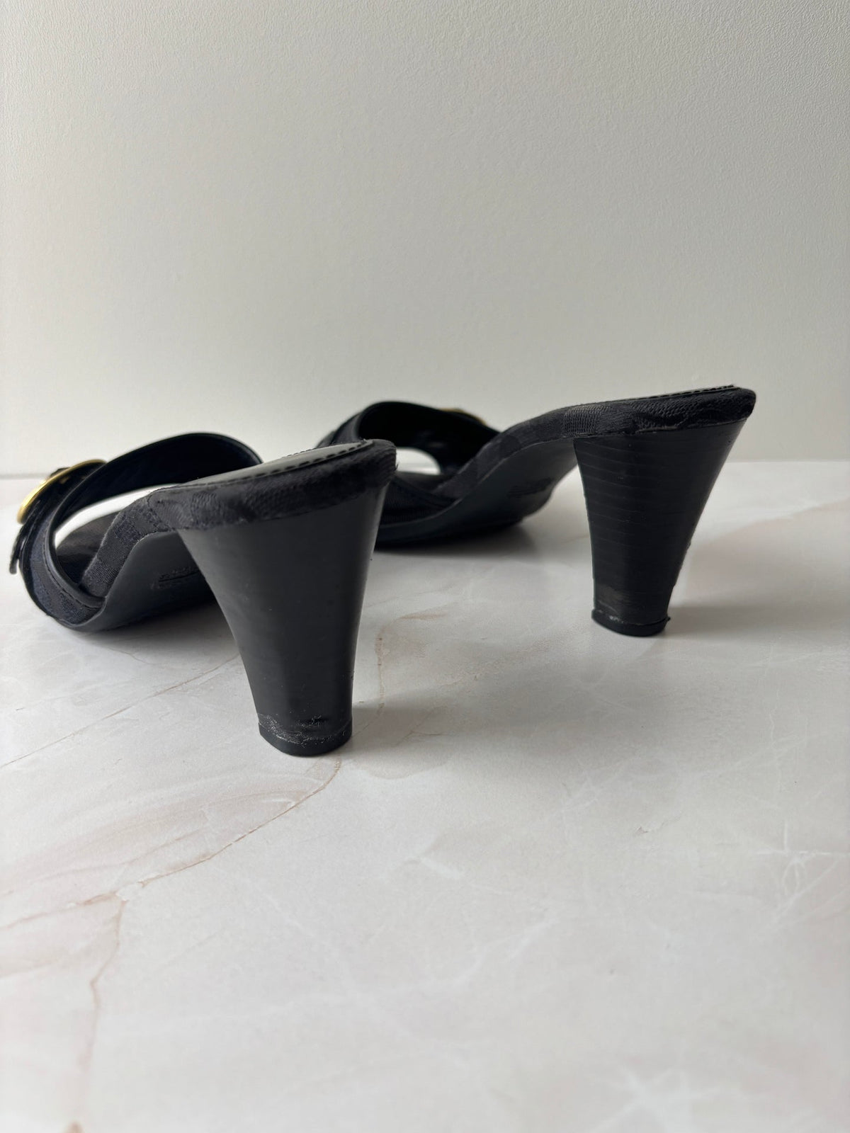 Coach US 6 Black Monogram Canvas Open-toe Block Heel Mule