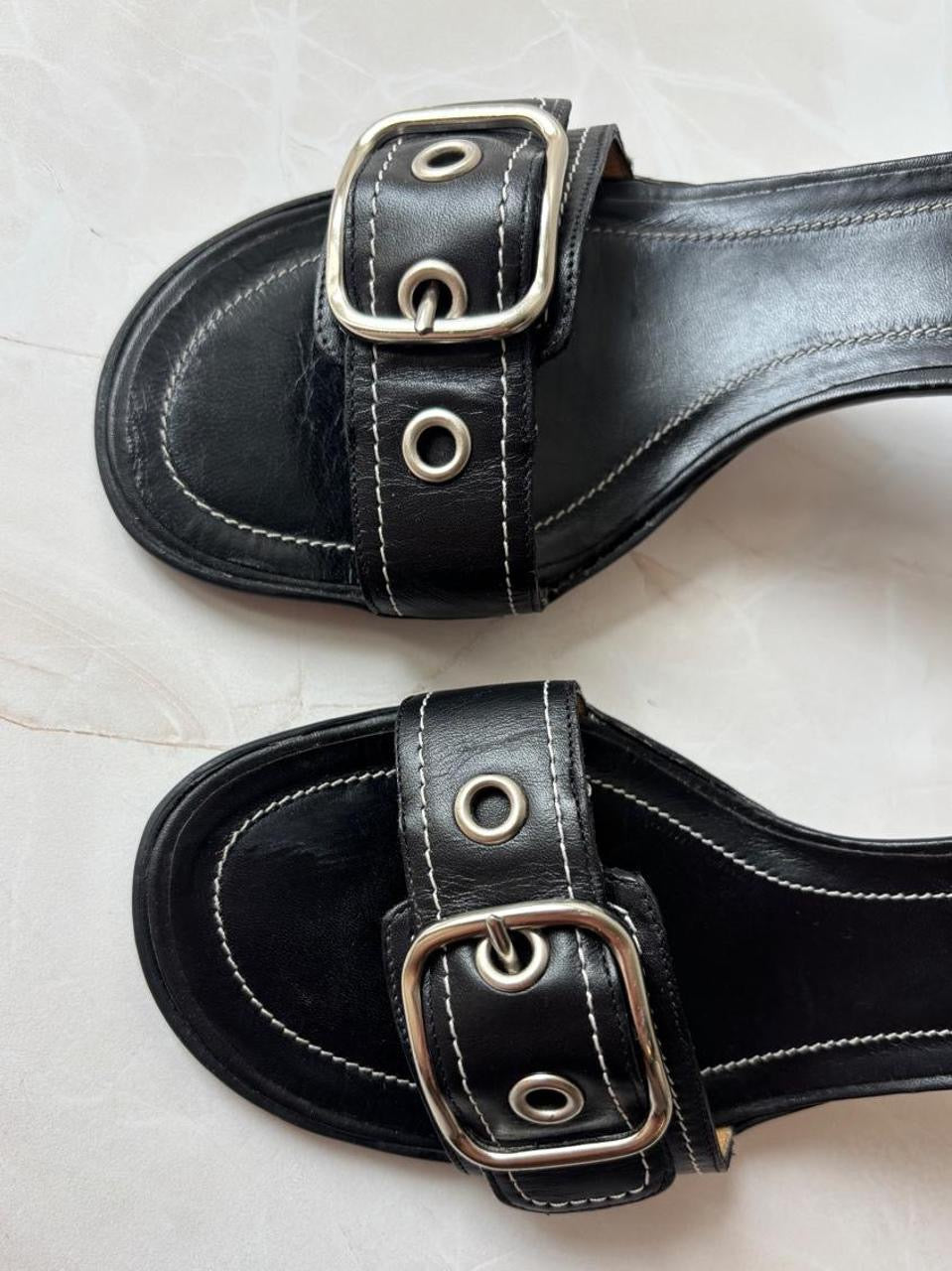Coach US 8 Black Leather Open Toe Block Heel Mule