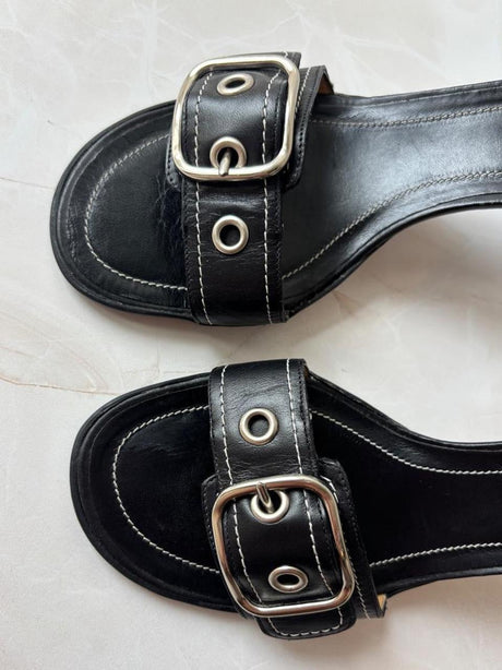 Coach US 8 Black Leather Open Toe Block Heel Mule