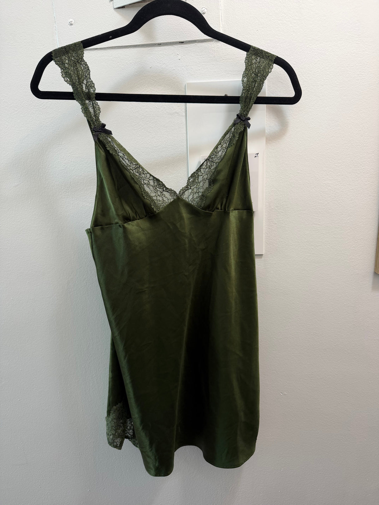 Victorias Secret Green Slip with lace and black bows