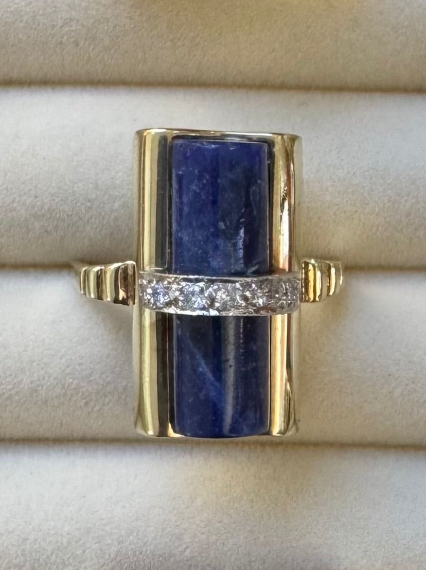 14K Gold and Lapis Cylinder Ring with Diamond Band