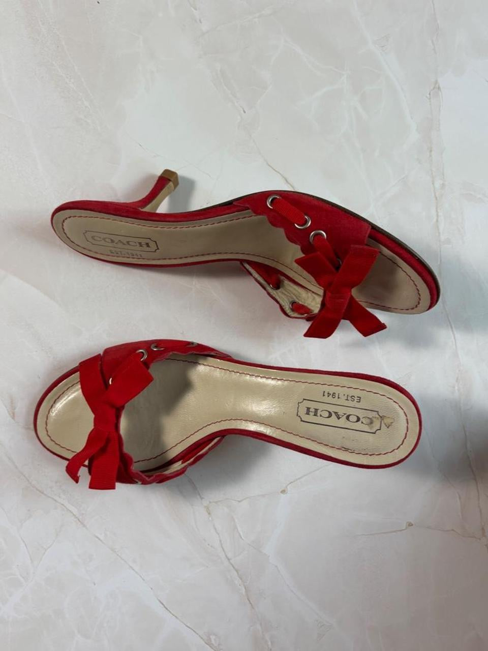 Coach US 6.5 Cherry Red Suede Bow Open Toe Kitten Heel Mule