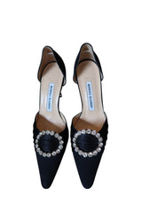 Manolo Blahnik black satin heels with crystal circle buckle (37)