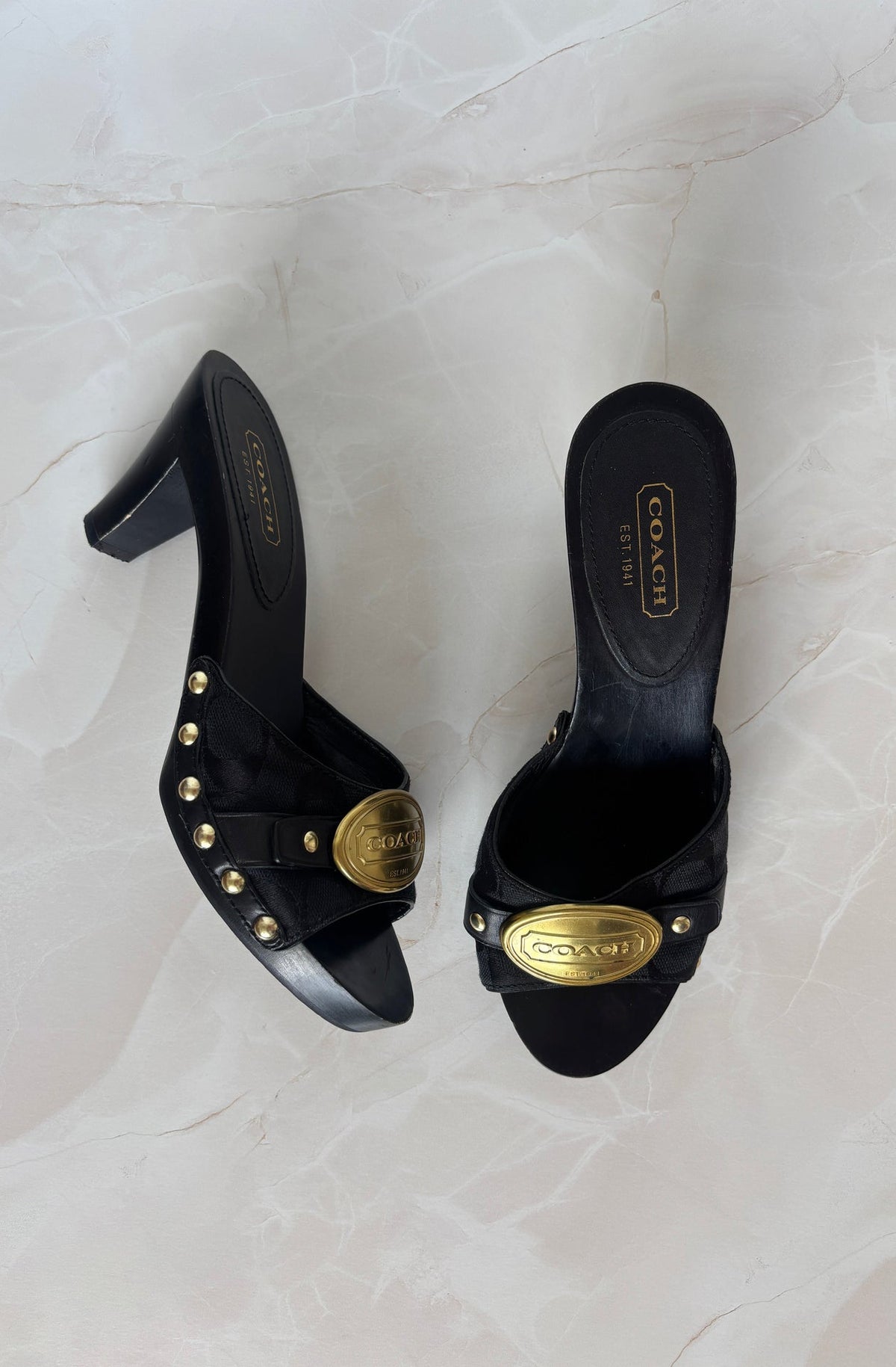 Coach US 8 Black Fabric and Leather Block Heel Mule