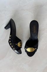 Coach US 8 Black Fabric and Leather Block Heel Mule