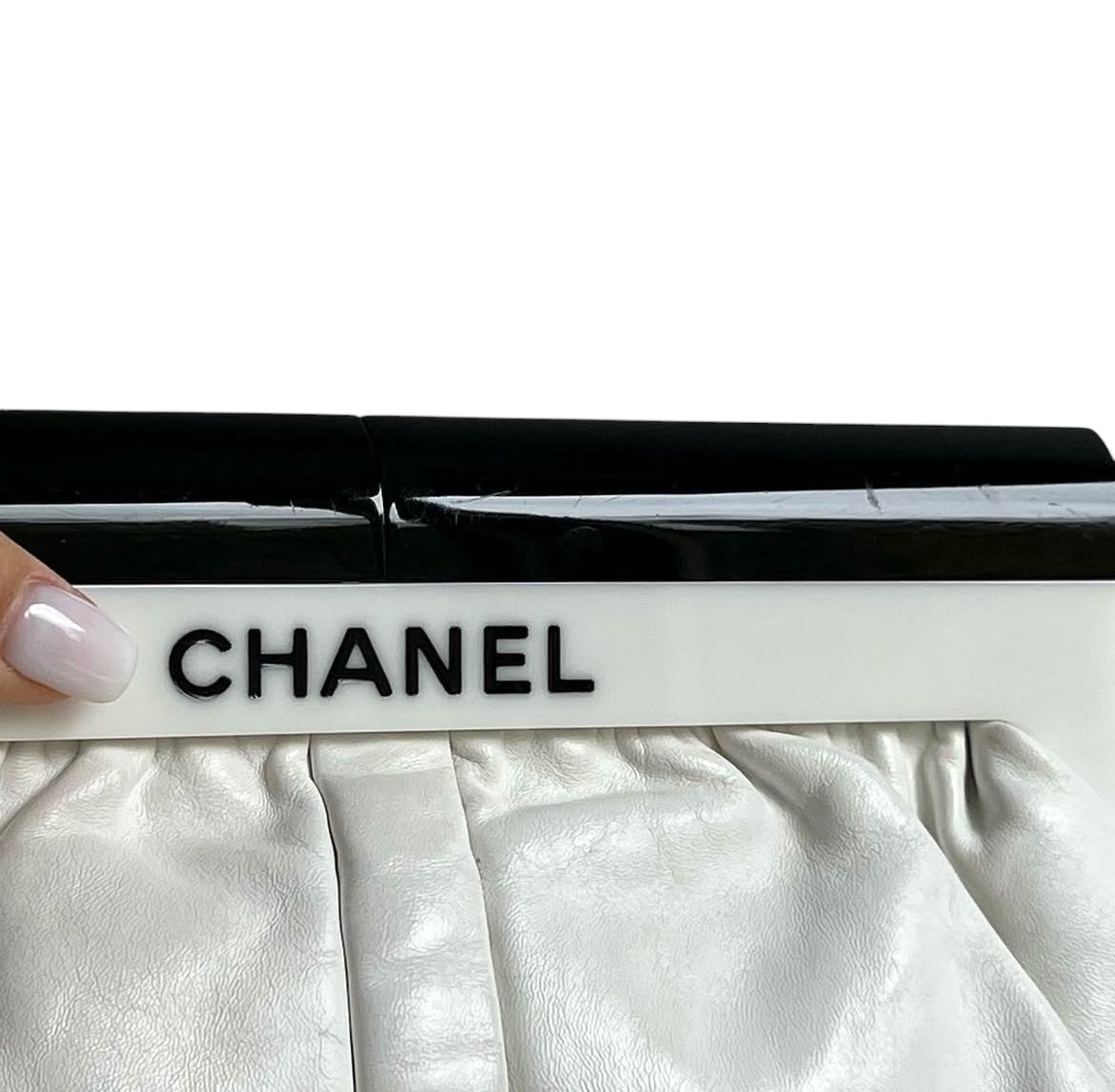 Chanel white leather resin logo clutch bag
