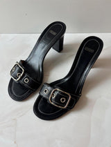Coach US 8 Black Leather Open Toe Block Heel Mule