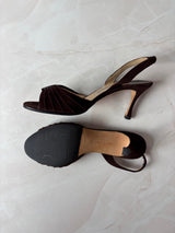 Manolo Blahnik EU 38 Chocolate Brown Suede Pleated Peep Toe Slingback