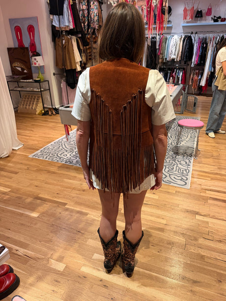 Vintage brown leather vest with fringe TUV #123425