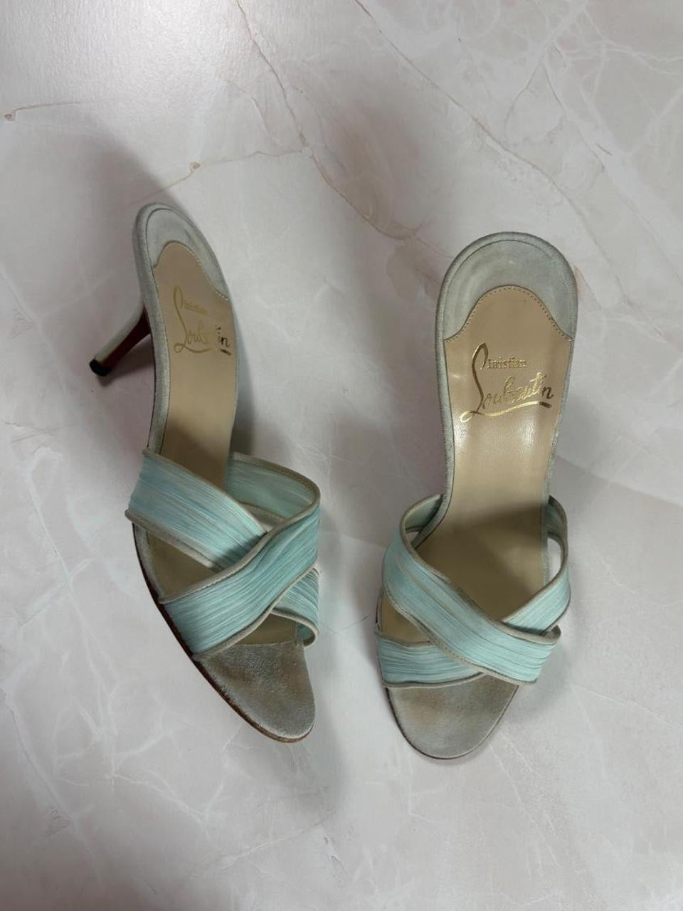 EU 36.5 Louboutin Light Blue Pleated Crisscross Mule Sandal
