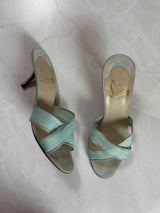 EU 36.5 Louboutin Light Blue Pleated Crisscross Mule Sandal