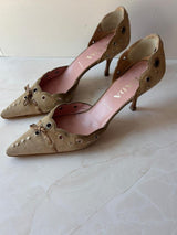 Prada EU 37.5 Authentic Light Brown Suede Pointed Toe Kitten Heel Mule