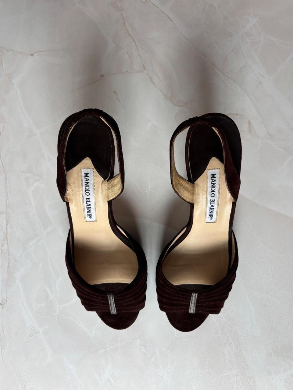 Manolo Blahnik EU 38 Chocolate Brown Suede Pleated Peep Toe Slingback
