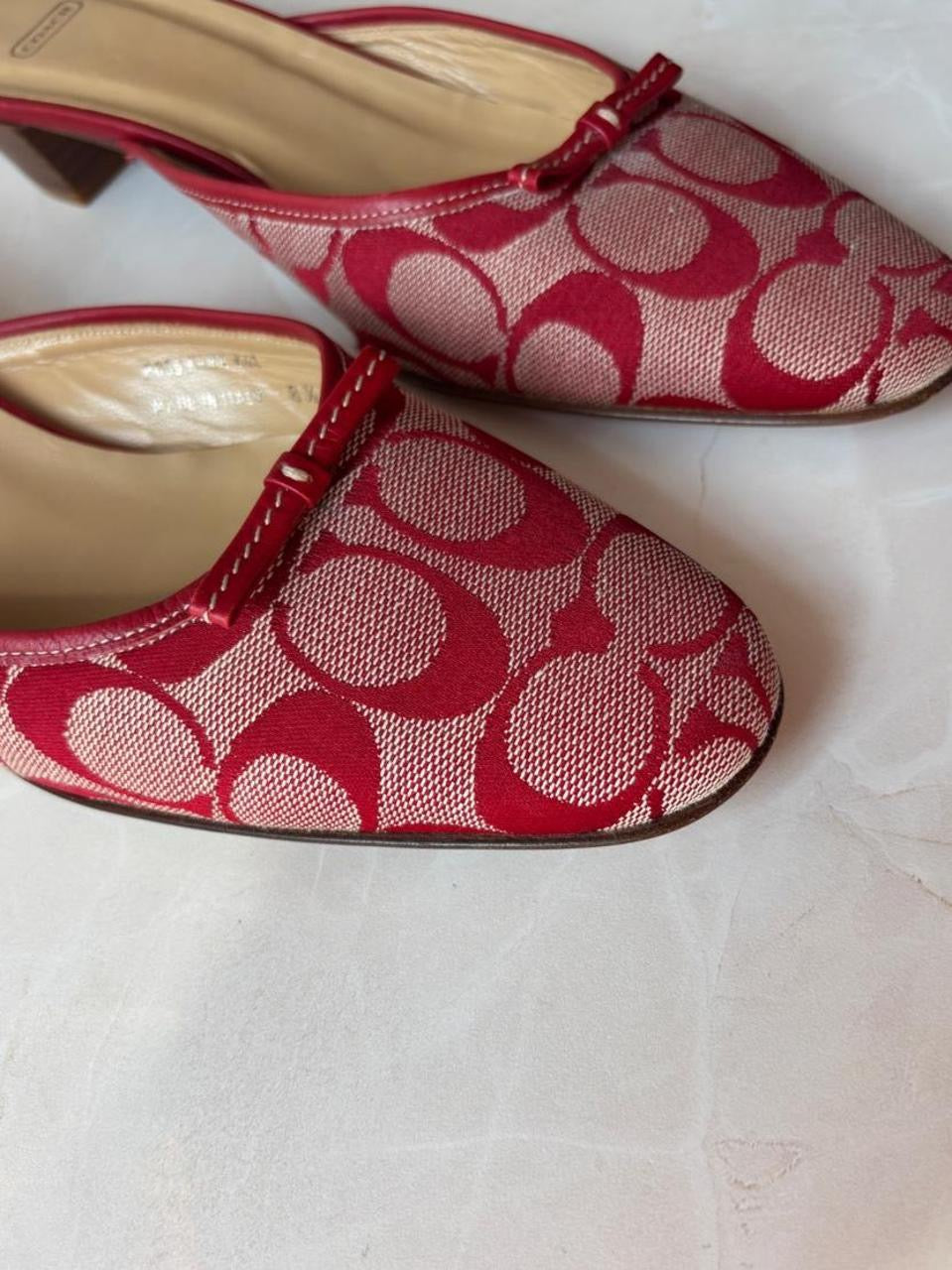 Coach US 8.5 Red and Cream Monogram Canvas Kitten Heel
