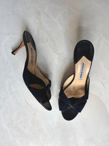 Manolo Blahnik EU 42 Navy Suede Crossover Open Toe Kitten Heel Mule