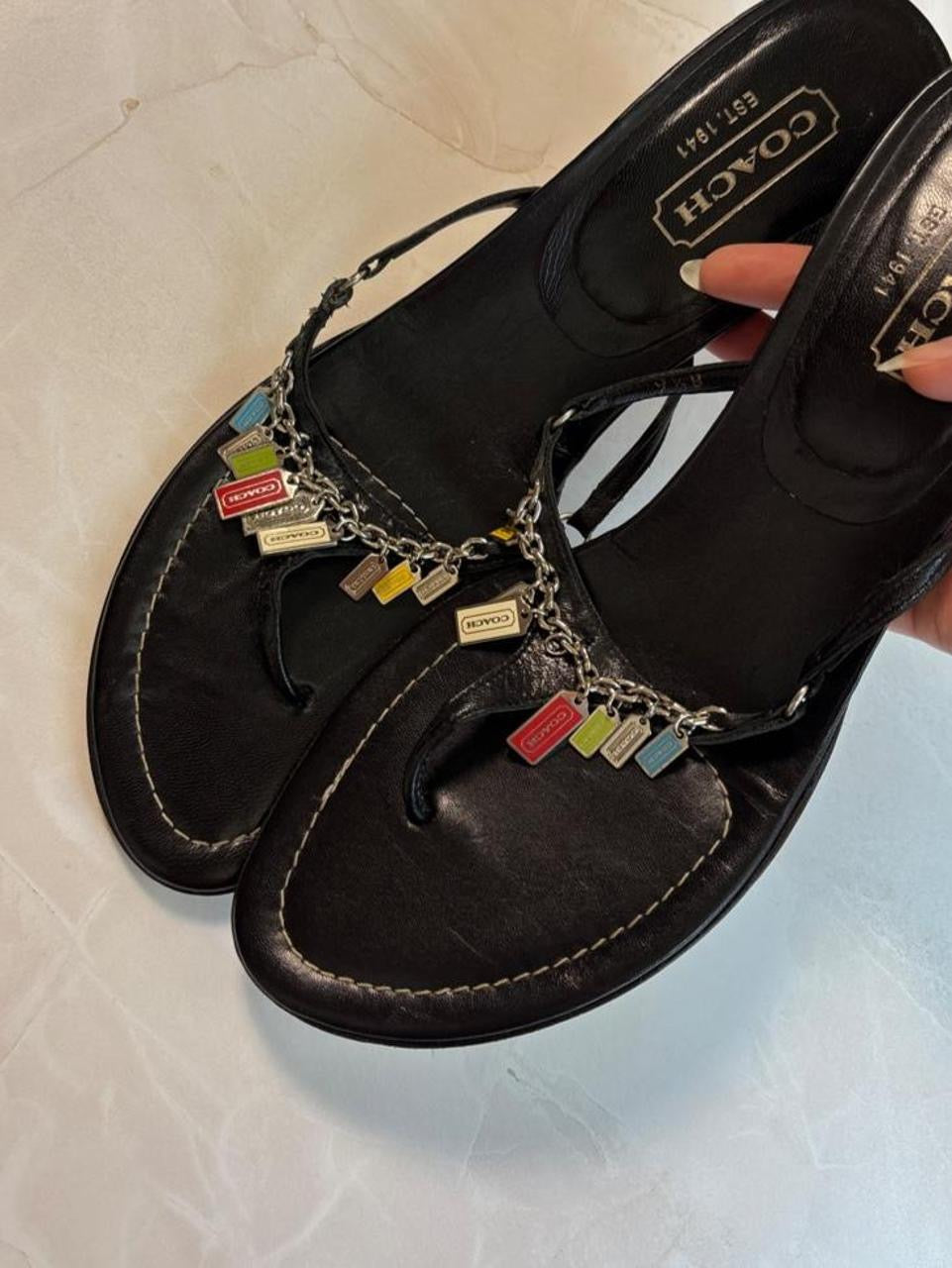 Coach US 9.5 Black Leather Thong Sandal Kitten Heel