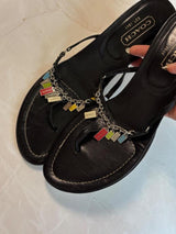 Coach US 9.5 Black Leather Thong Sandal Kitten Heel