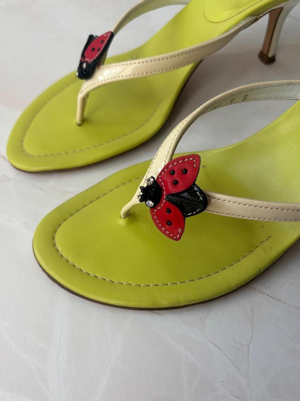 Coach US 9 Rare Ladybug Green Leather Thong Sandal