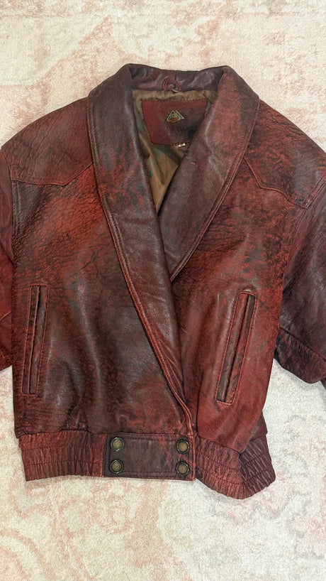 Distressed Burgundy Red Leather Bomber Jacket