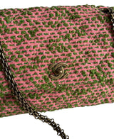 Rare Chanel flap bag quilted in pink and green tweed, reissue chain