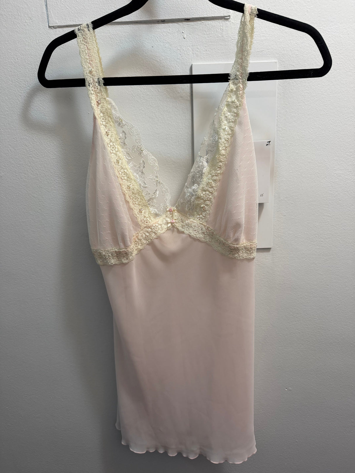 Vintage pink tank with lace and pearl details