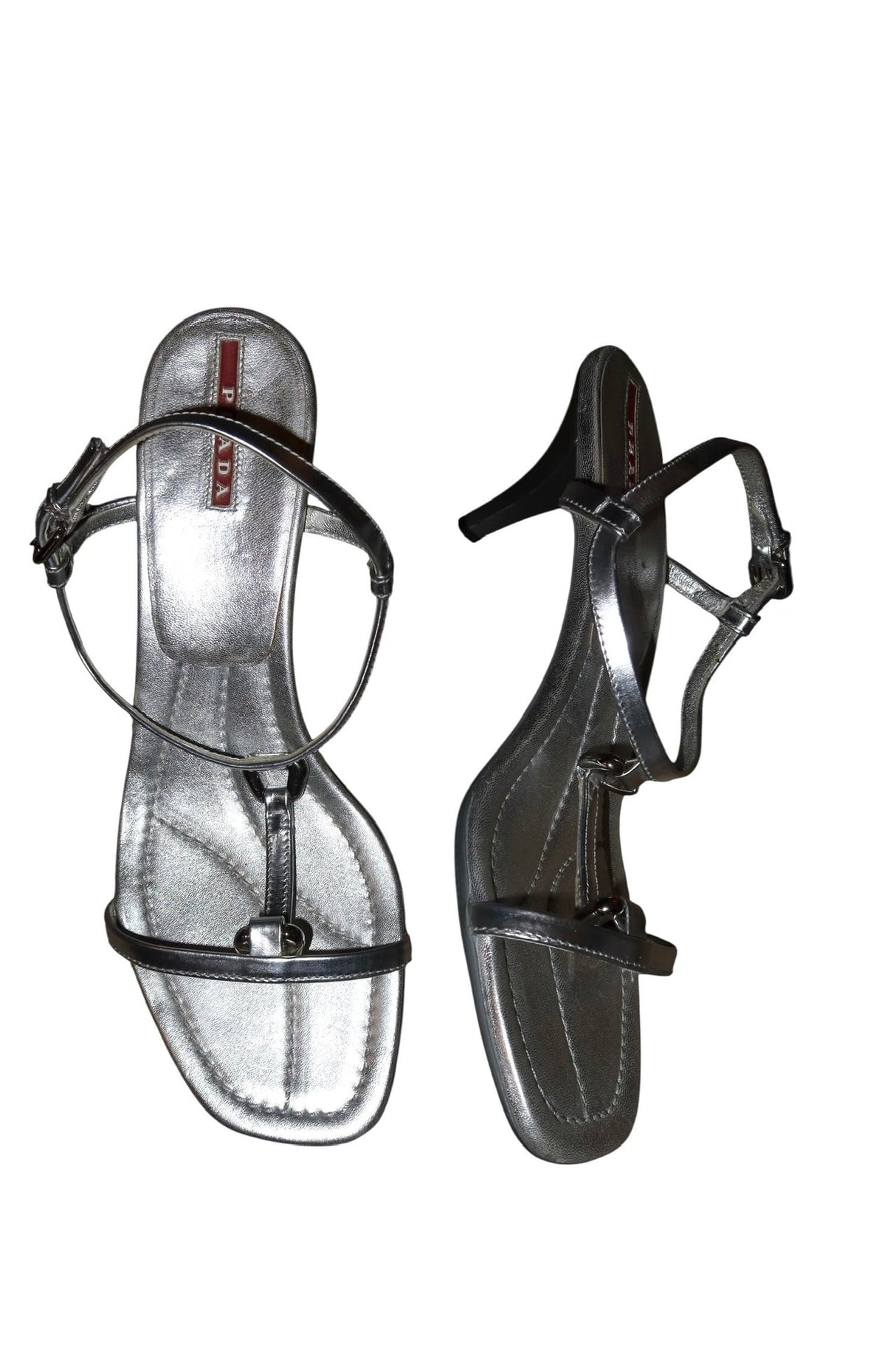 Prada metallic silver sandal heels (40.5)