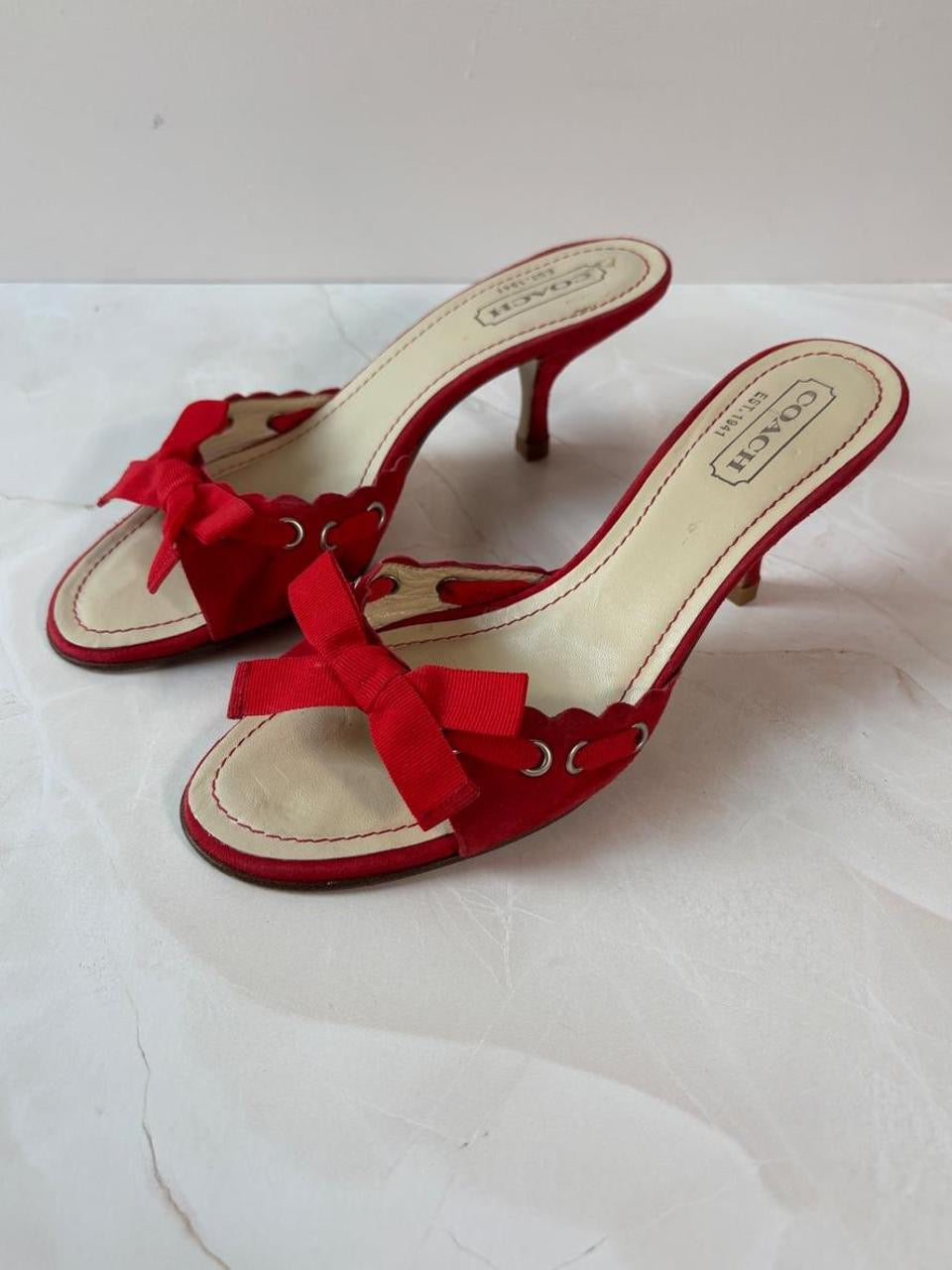 Coach US 6.5 Cherry Red Suede Bow Open Toe Kitten Heel Mule