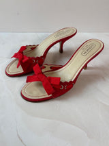 Coach US 6.5 Cherry Red Suede Bow Open Toe Kitten Heel Mule