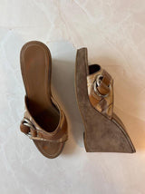 Coach US 7 Tan Monogram Canvas Wedge Mule