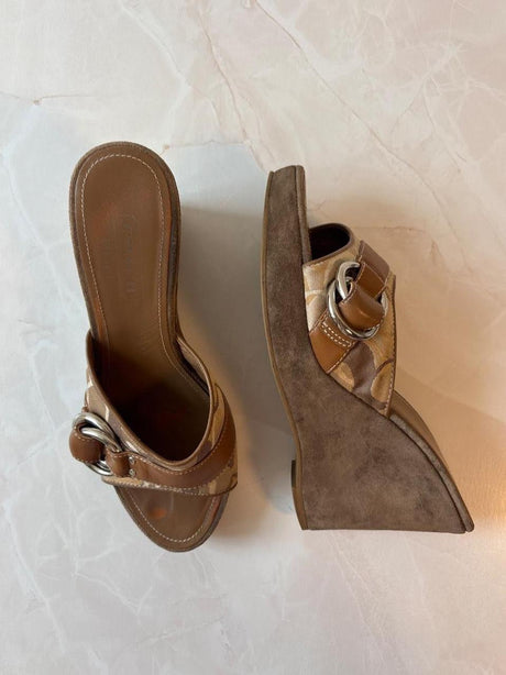 Coach US 7 Tan Monogram Canvas Wedge Mule