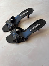 Manolo Blahnik EU 39.5 Black Leather Grommet Crossover Kitten Heel Mule
