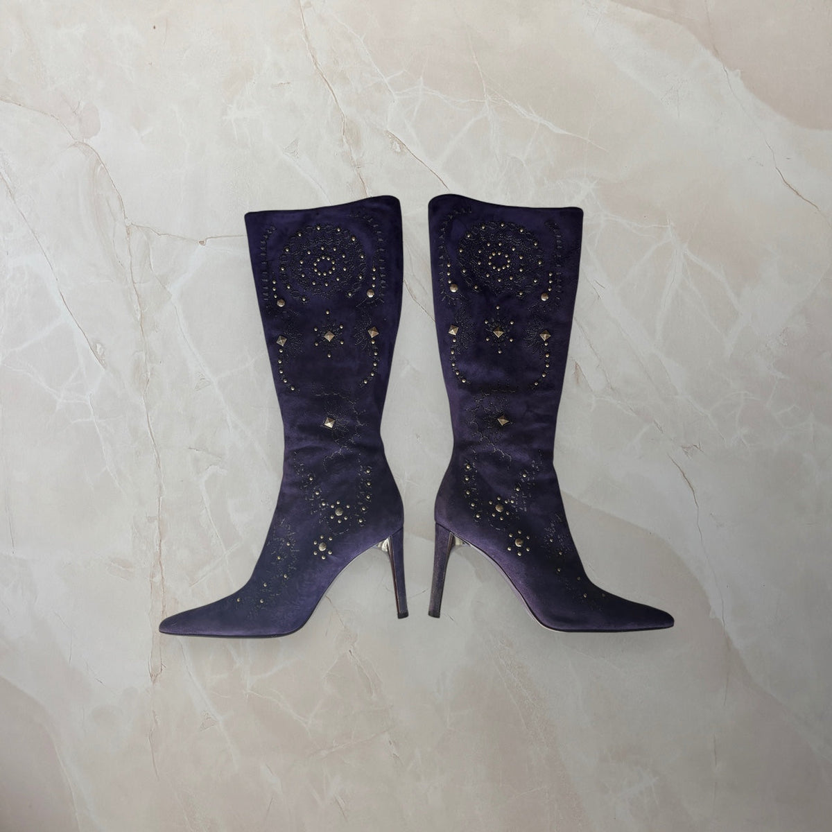 Donald J. Pliner US 9 Purple Suede Studded Embroidered Knee High Boot
