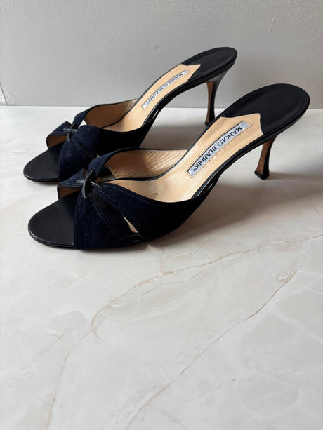 Manolo Blahnik EU 42 Navy Suede Crossover Open Toe Kitten Heel Mule