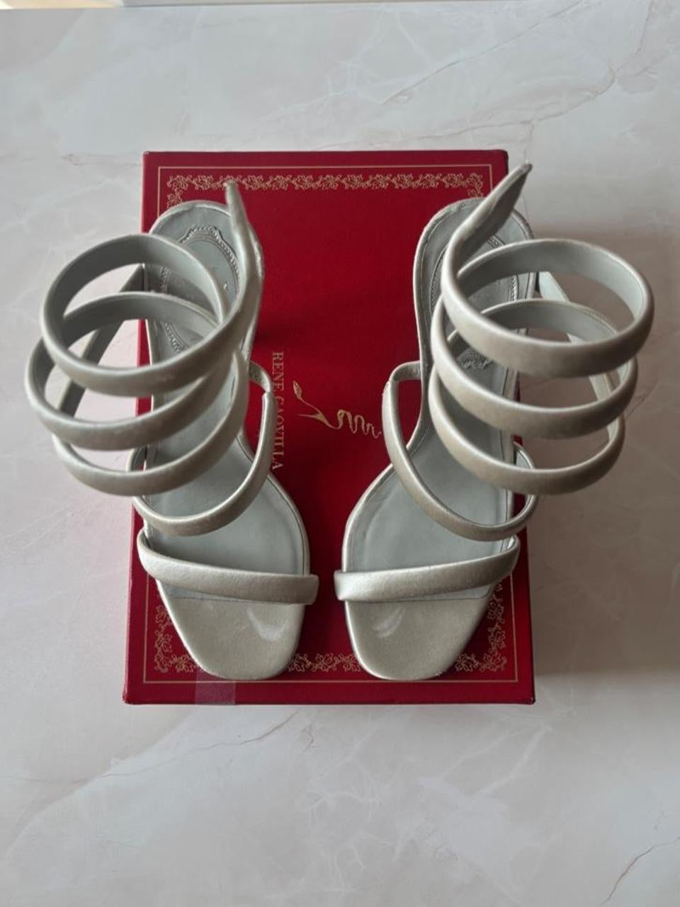 René Caovilla EU 37 Silver Satin Snake Coil Ankle Wrap Stiletto Sandal
