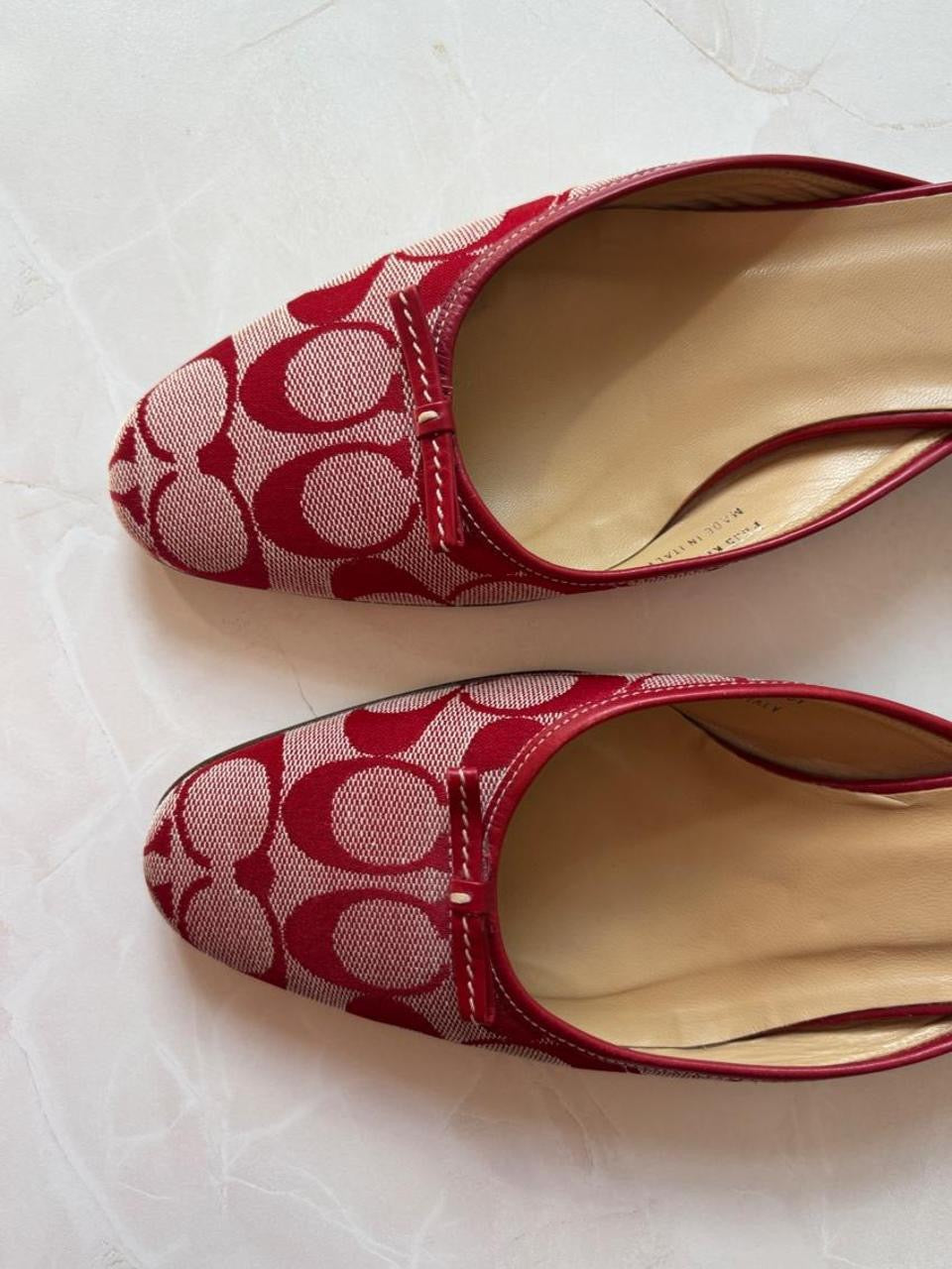 Coach US 8.5 Red and Cream Monogram Canvas Kitten Heel