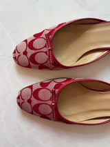 Coach US 8.5 Red and Cream Monogram Canvas Kitten Heel