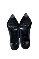 Chanel black suede and leather heels with silver CC logo (36.5C)