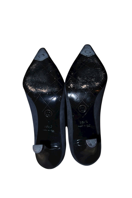Chanel black suede and leather heels with silver CC logo (36.5C)