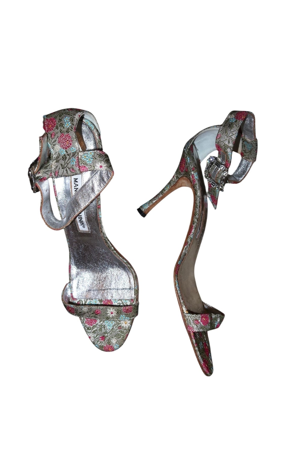 Manolo Blahnik floral print heels with crystal embellished buckle (39)