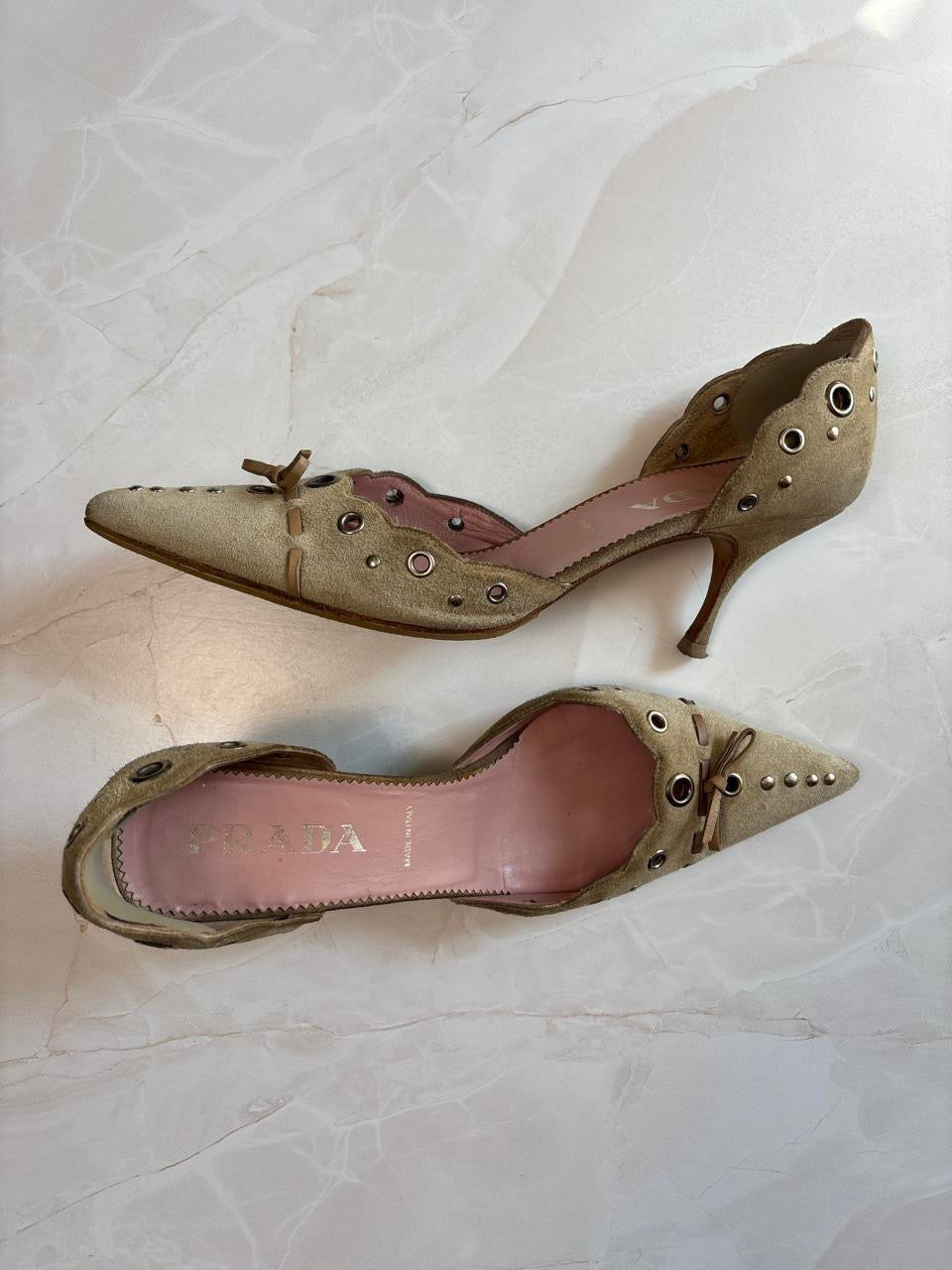 Prada EU 37.5 Authentic Light Brown Suede Pointed Toe Kitten Heel Mule
