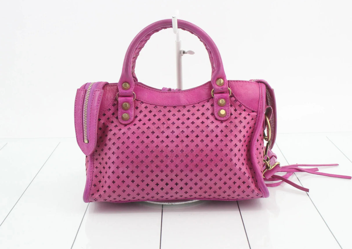 Balenciaga Perforated Mini City Bag in Pink Leather