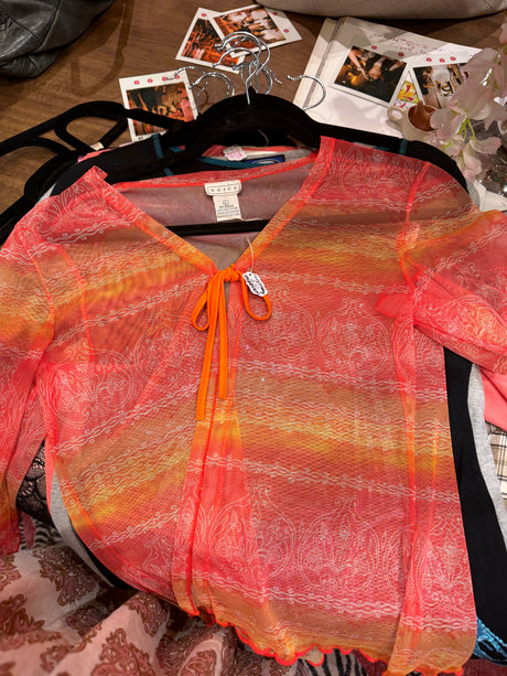 Sheer shades of orange Ombré top with tie - SKU TUV #200
