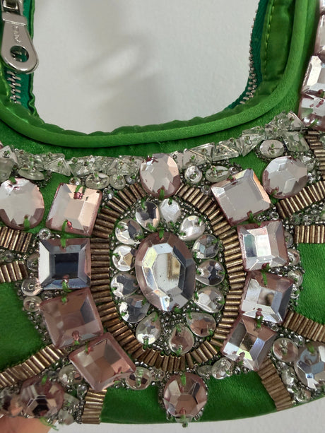 Rare Archival Chloé “Bracelet Bag” in Green Satin with hand stitched crystal beaded details