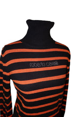 Just Cavalli black/orange striped turtleneck sweater with rhinestone logo (S)