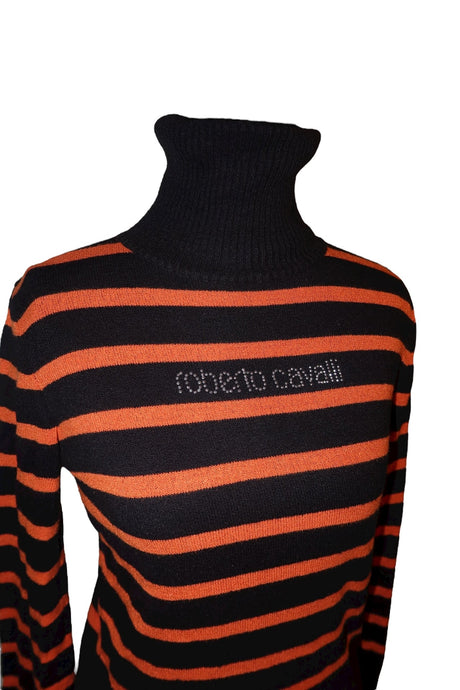 Just Cavalli black/orange striped turtleneck sweater with rhinestone logo (S)