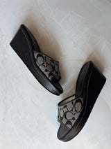 Coach US 10 Black Grey Monogram Canvas Wedge Slide Sandal