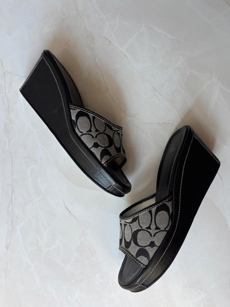 Coach US 10 Black Grey Monogram Canvas Wedge Slide Sandal