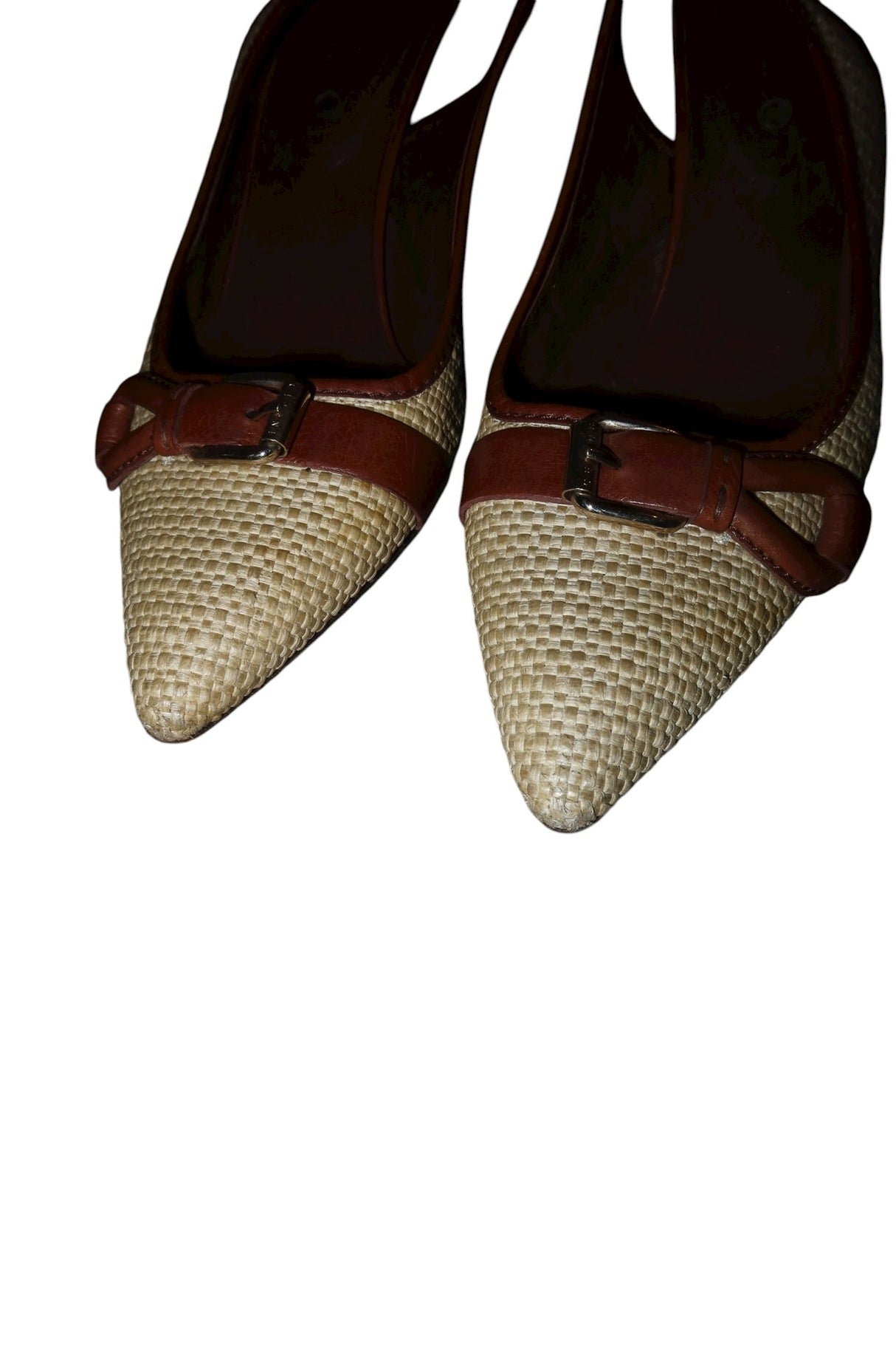 Celine raffia slingback heels with brown leather buckle accent (38.5)